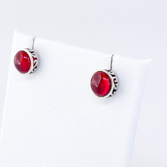 Vintage Sterling Silver 925 Synthetic Ruby Red Cabochon Stud Earrings - Picture 4 of 9
